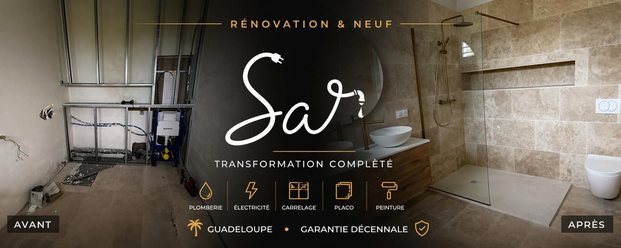 Salle de bain avant travaux, ossature métallique et bâti-support à nu, puis après : douche de plain-pied, carrelage effet pierre, meuble vasque et WC suspendu.